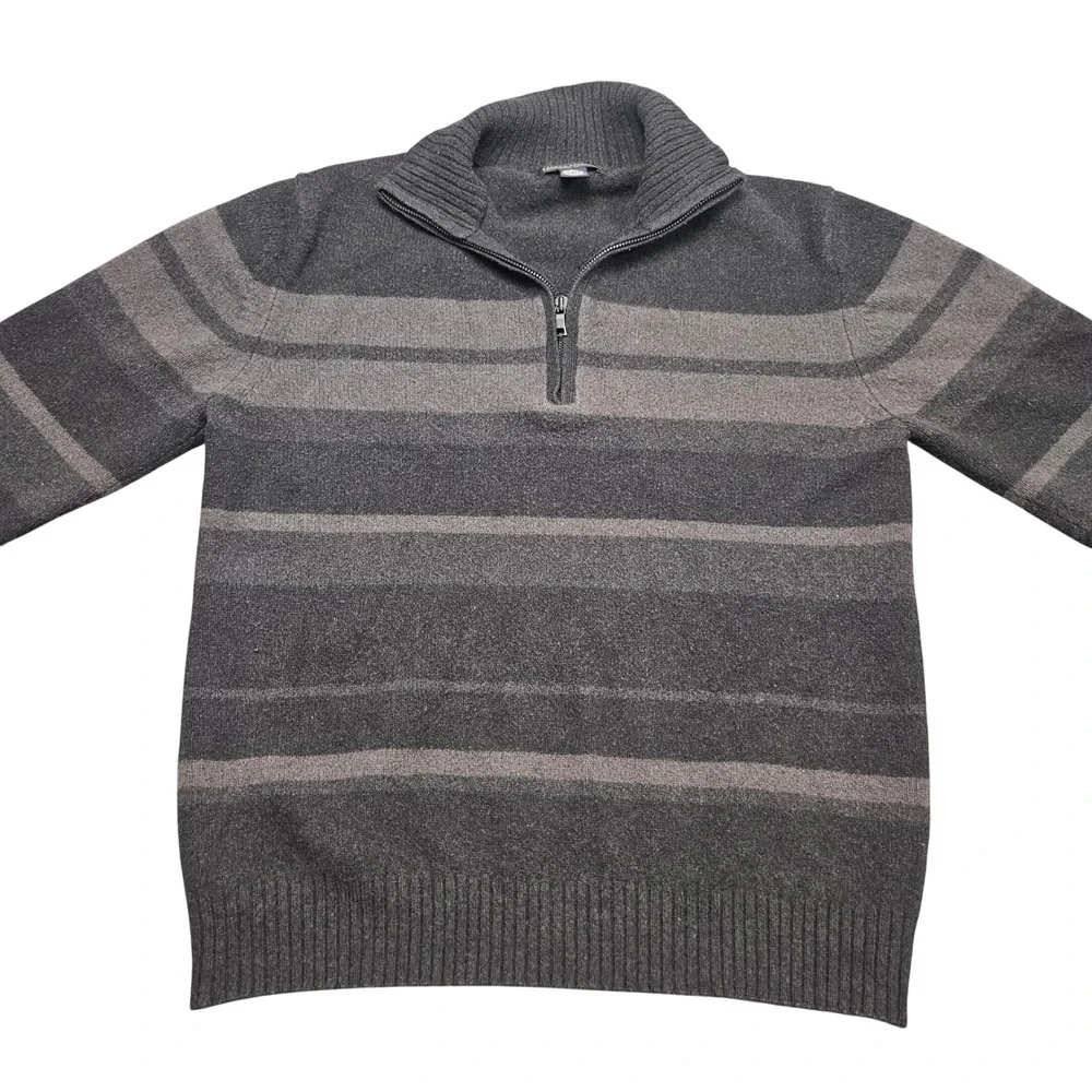 Banana Republic Mens Lambswool Cashmere‎ 1/4 Zip Large Gray Stripe Dark Academia
